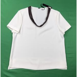 NWT Elie Tahari white top with dark, braided embellished neckline Sz XL